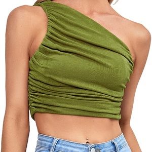 Green Scrunched One Shoulder Crop Top